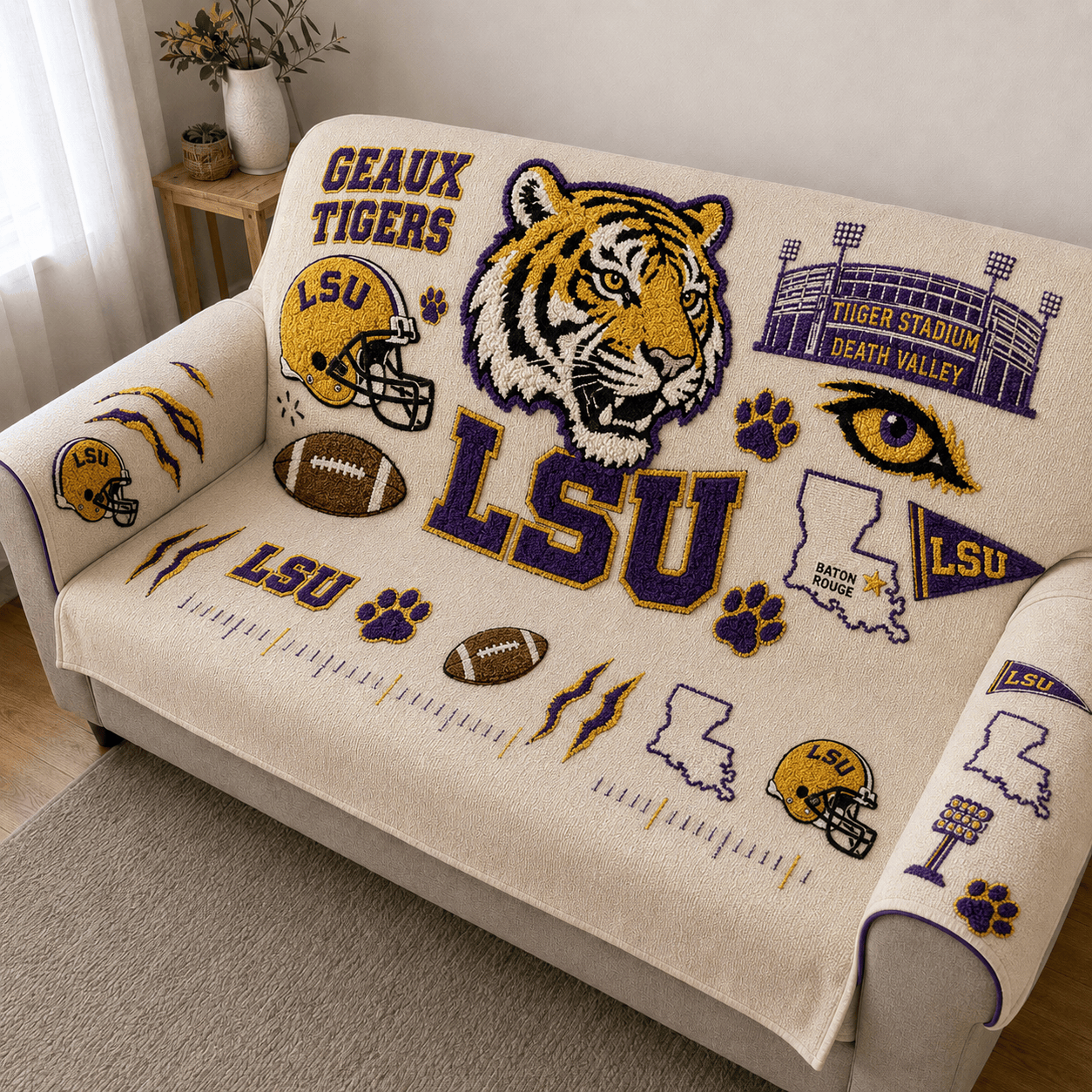 LSU Tufted Sofa Cover & Pillow Set HTTT